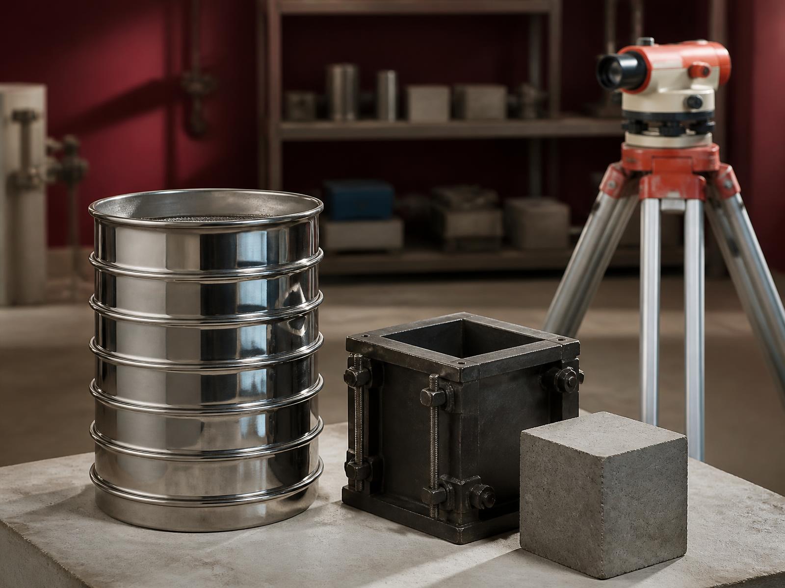 Test sieves, concrete cube mould and auto level surveying instrument in a materials testing laboratory
